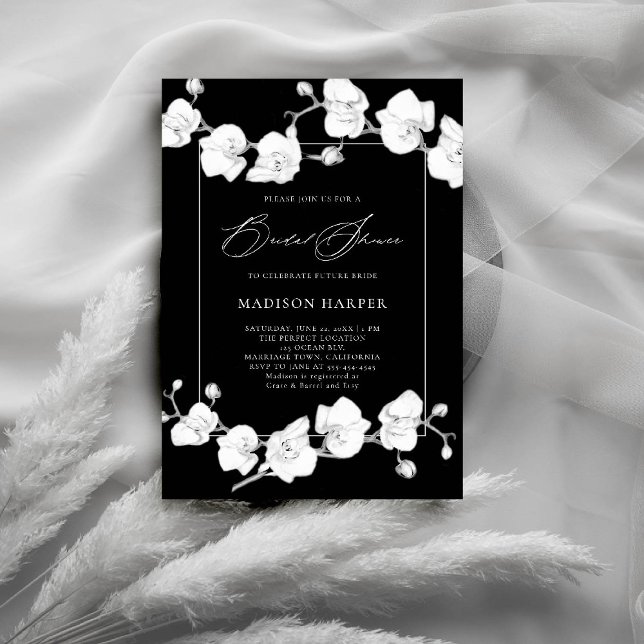 Convites Orquídeas brancas Chá de panela de desenho do graf (orchids bridal shower invitation black white art floral sketch modern classic formal elegant chic)