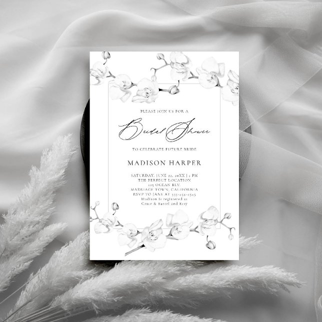 Convites Orquídeas Brancas Chá de panela Moderno de Arte Br (orchids bridal shower invitation black and white art floral sketch modern classic formal romantic)