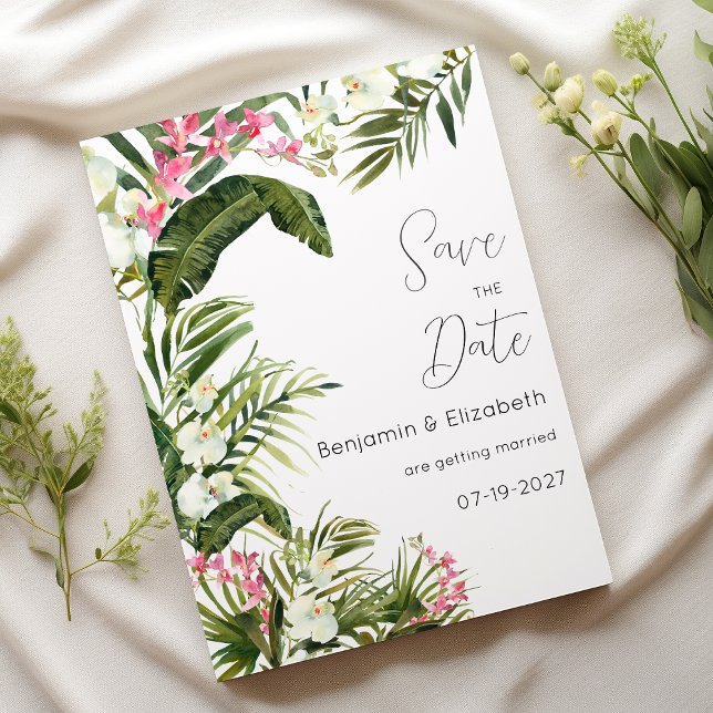 Convites Orquídeas brancas-cor-de-rosa tropicais salvam a d (Pink white tropical orchid flowers Save the Date)