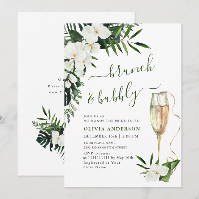 Convites Orquídeas Brancas Elegantes Boêmio BRUNCH & BEBIDA (Frente/Verso)