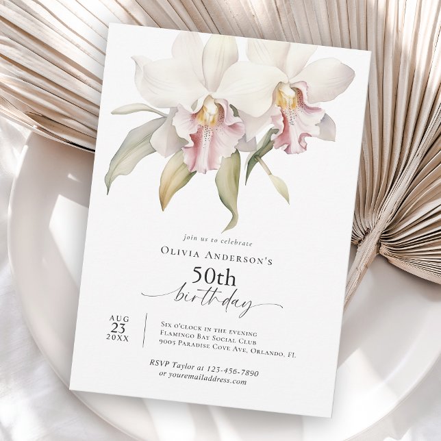 Convites Orquídeas Brancas Elegantes Florais 50º Aniversári (Available in both printed and instant download digital formats.)