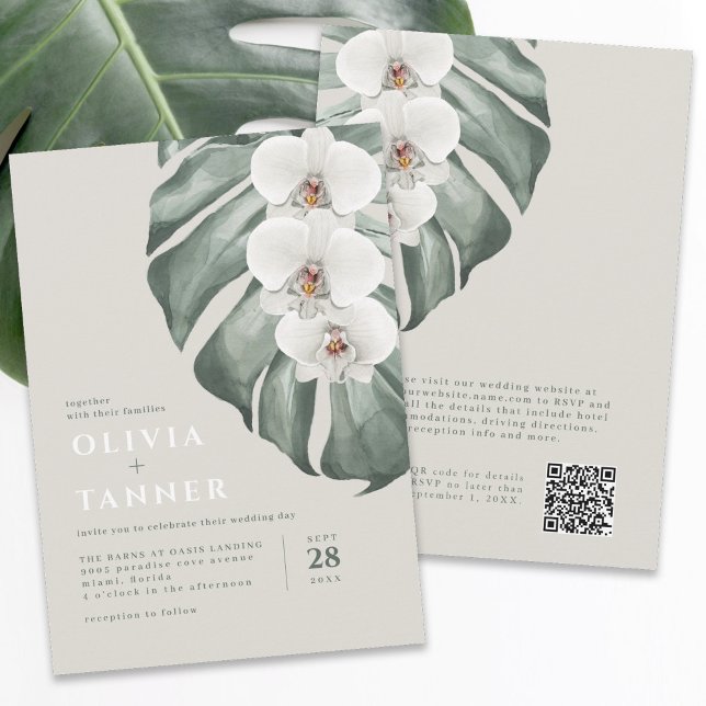 Convites Orquídeas Brancas Modernas Código QR Casamento Tro (Available in both printed and digital formats.)