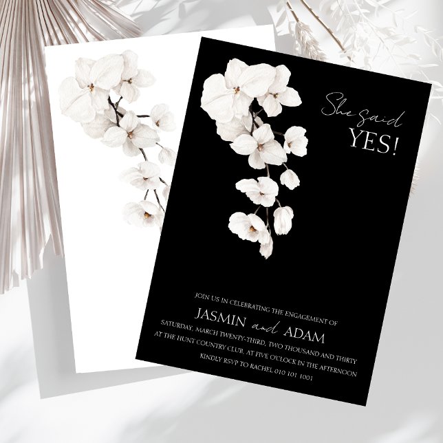 Convites Orquídeas Brancas Negras Modernas Ela Disse Sim No (Modern Black and White Orchids Flowers 'She Said Yes!' Engagement Party Invite)