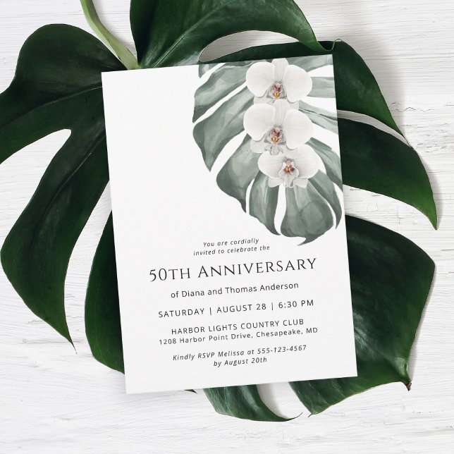 Convites Orquídeas Brancas — Paraíso Tropical 50º Aniversár (Celebrate a 50th wedding anniversary in island style with this white orchid invitation.)