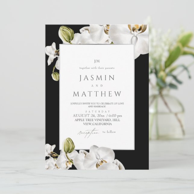 Convites Orquídeas Brancas Quadro Casamento Elegante (Em pé/Frente)