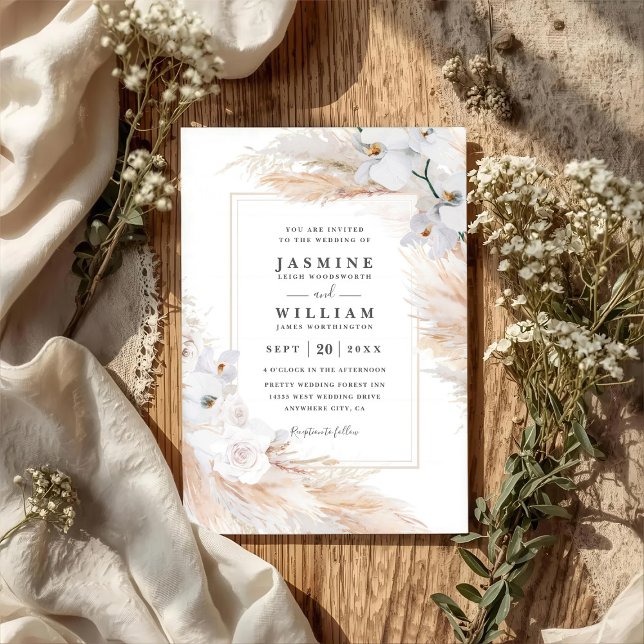 Convites Orquídeas Brancas Rosas Grama Pampas Código QR Cas (Criador carregado)