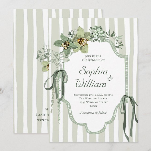 Convites Orquídeas Casamento Verde Sage Pintadas à Mão (Frente/Verso)
