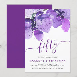 Convites Orquídeas de Aquarela Violet Fiftieth Festa de ani