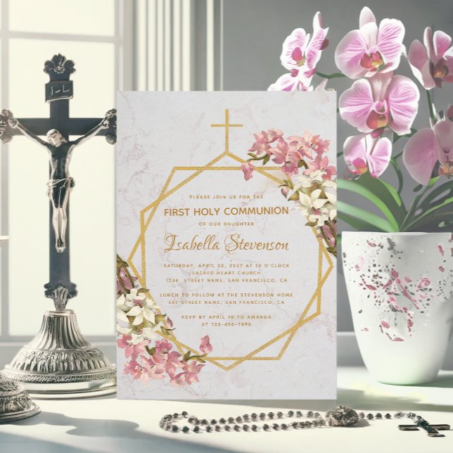 Convites Orquídeas Dourado Floral Mármore Primeira Comunhão (Criador carregado)