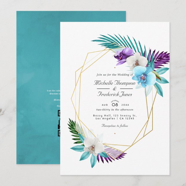 Convites Orquídeas Geométricas Tropicais Código QR RSVP Cas (Frente/Verso)