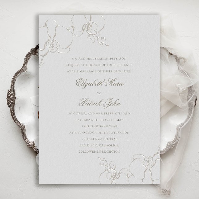 Convites Orquídeas Graciosas Casamento Formal de Marfim (orchids wedding invitation formal traditional modern classic elegant classy ivory flowers floral)