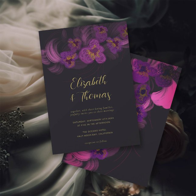 Convites Orquídeas Românticas Roxas Escuras Casamento Flora (moody romantic wedding invitation dark magenta purple orchids gothic elegant gold formal)