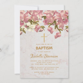 Convites Orquídeas Rosa Florres Marble Dourado Baptismo