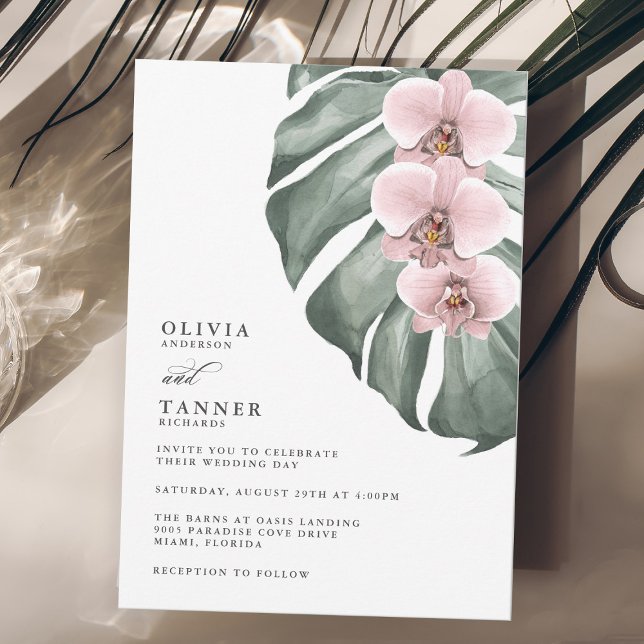 Convites Orquídeas Rosa no Casamento Tropical de Monstera (Criador carregado)