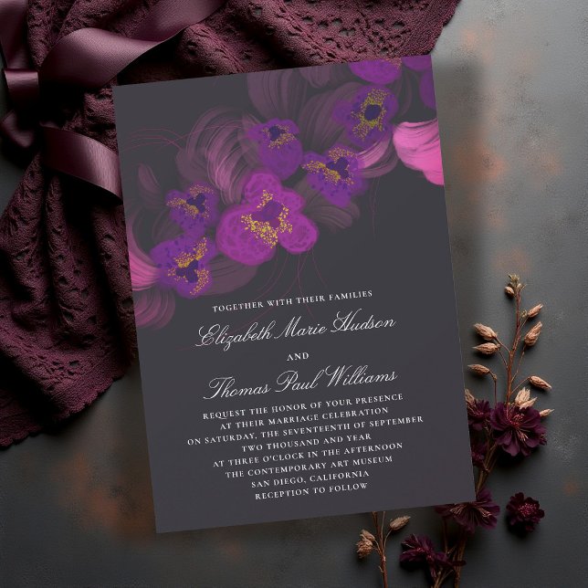 Convites Orquídeas Roxas Escuras Mal-humoradas Florais Casa (orchid wedding invitation moody purple dark romantic whimsigoth elegant modern classic formal black)