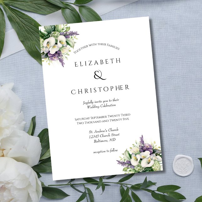 Convites Orquídeas Roxas Lírios-de-Calla Brancos Casamento  (Purple Orchids White Calla Lilies Floral Flowers Modern Elegant Wedding Invitation)