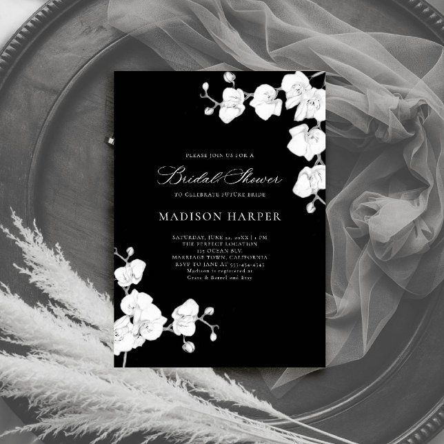 Convites Orquídeas Simples Chá de panela branco Elegante 2  (orchids bridal shower invitation black white art floral sketch modern classic formal elegant classic)