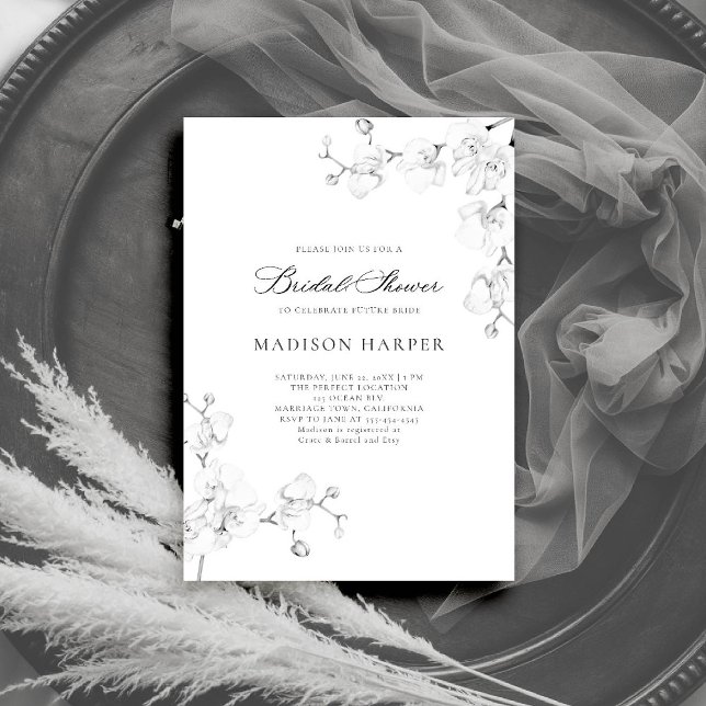 Convites Orquídeas Simples Chá de panela Branco Elegante Ne (orchids bridal shower invitation black white art floral sketch modern classic formal elegant romance)