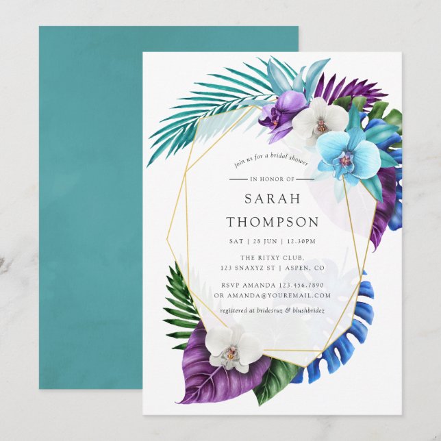 Convites Orquídeas Tropicais Chá de panela geométrico (Frente/Verso)