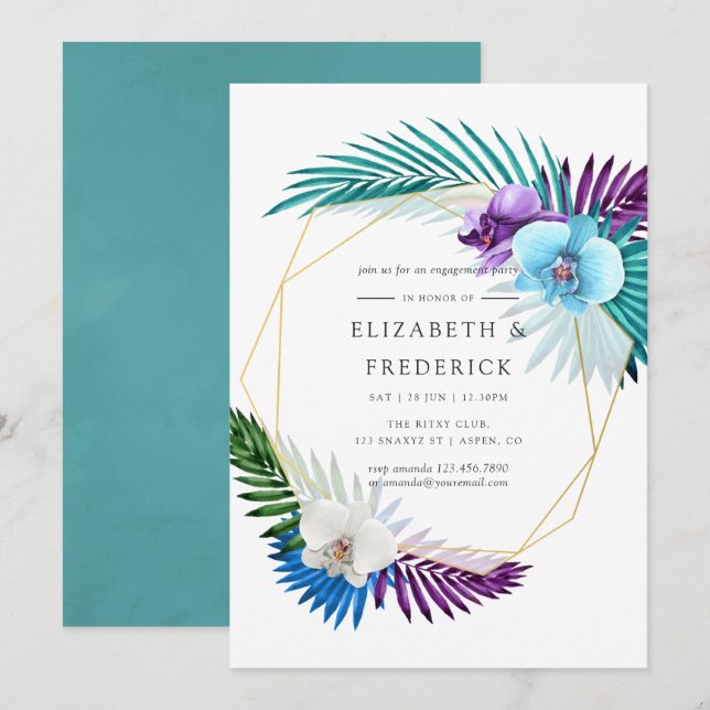 Convites Orquídeas Tropicais Festa de noivado Geométrica (Frente/Verso)