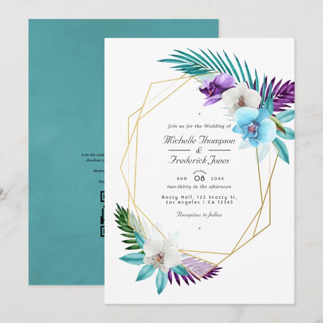 Convites Orquídeas Tropicais Geométricas Código QR RSVP Cas (Frente/Verso)