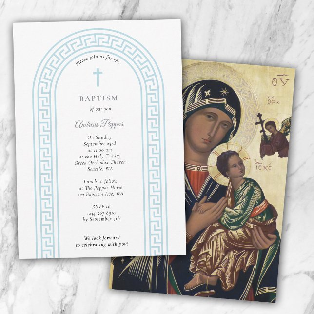 Convites Ortodoxo grego Natal Batismo Azul Chave grega (Greek Orthodox Christening Baptism Blue Greek Key Invitation)