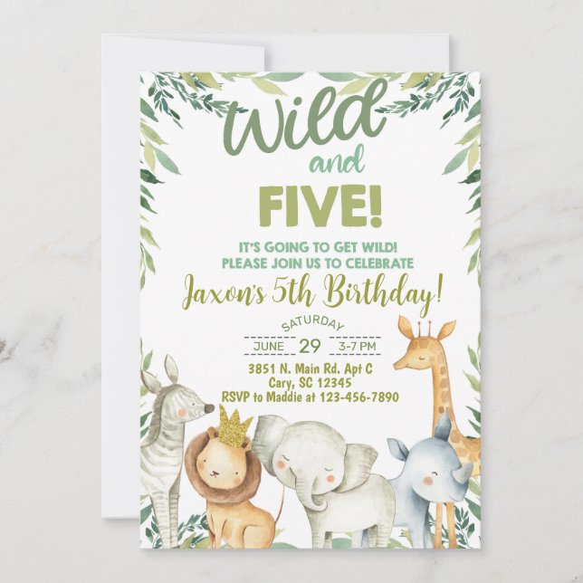 Convites Os animais Safari fazem 5. (Frente)