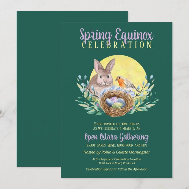Convites Ostara Primavera Equinox Bunny & Bird Nest Green (Frente/Verso)
