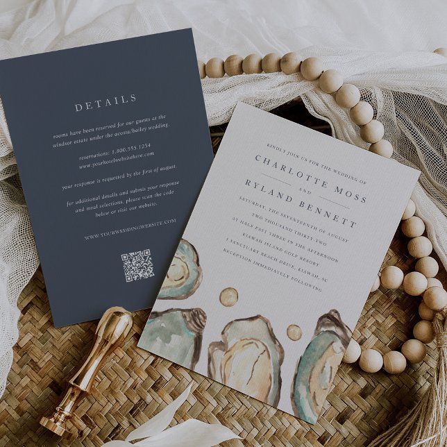 Convites Ostra Costeira Tudo em Um Casamento de Código QR (Double sided coastal wedding invitation)