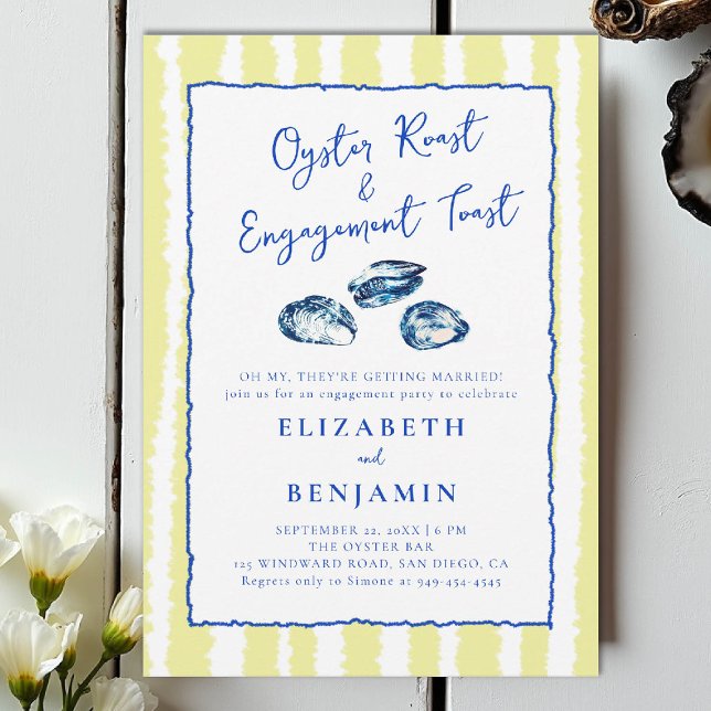 Convites Ostra Festa de noivado Azul-Amarelo-Azul-Torrado (nautical engagement invitation oyster party coastal seaside yacht club boat beach blue handdrawn)