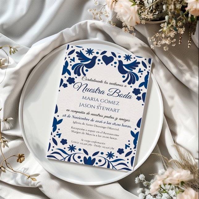 Convites Otomi Blue Floral Elegant Fiesta Spanish Wedding (Otomi Blue Floral Elegant Fiesta Spanish Wedding Invitation)