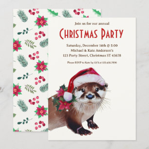 Convites Otter em uma festa de Natal do Santa Hat Poinsetti