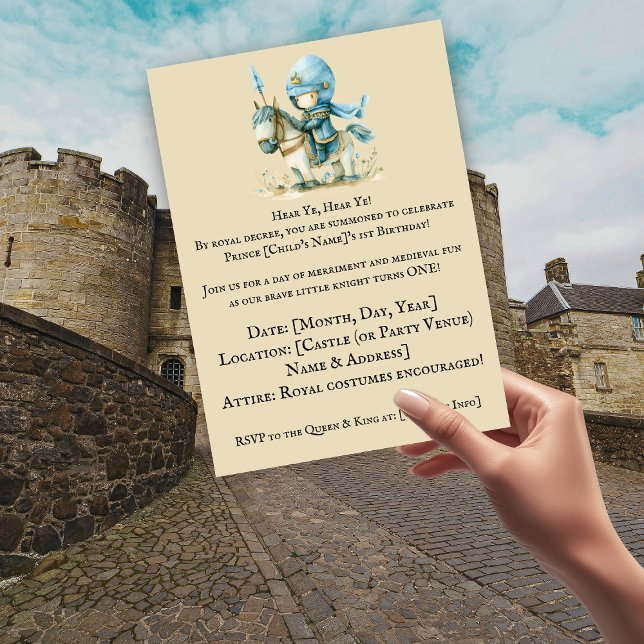 Convites Ouçam, Ouçam. Primeiro aniversario de Knight-Theme (Boy's Medieval 1st Birthday Invitation)