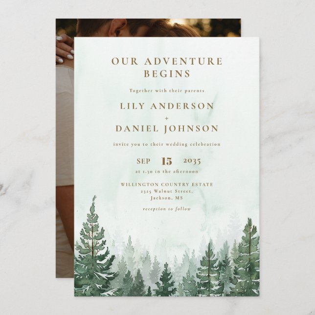 Convites Our Adventure Rustic Pine Forest Photo Wedding (Frente/Verso)