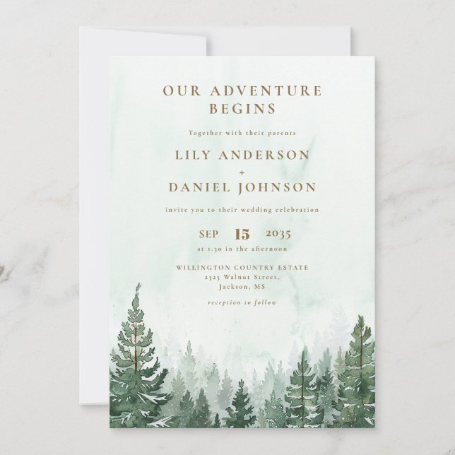 Convites Our Adventure Rustic Pine Forest QR Code Wedding (Frente)