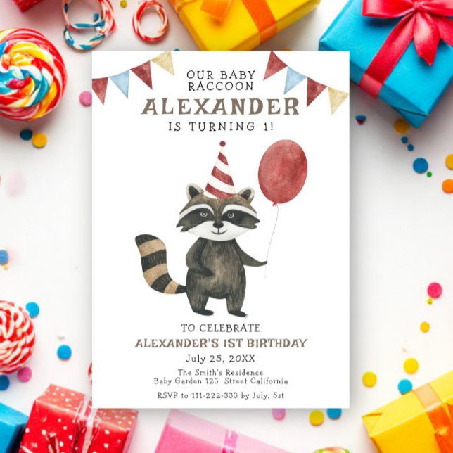 Convites Our Baby Raccoon 1st Birthday (Criador carregado)
