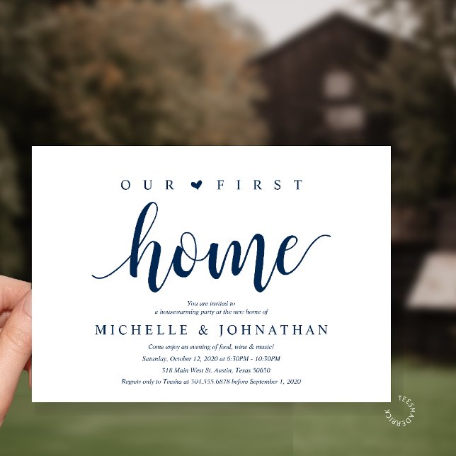 Convites Our First Home Housewarming party (Our First Home Housewarming party Invitation Card in Navy Blue)