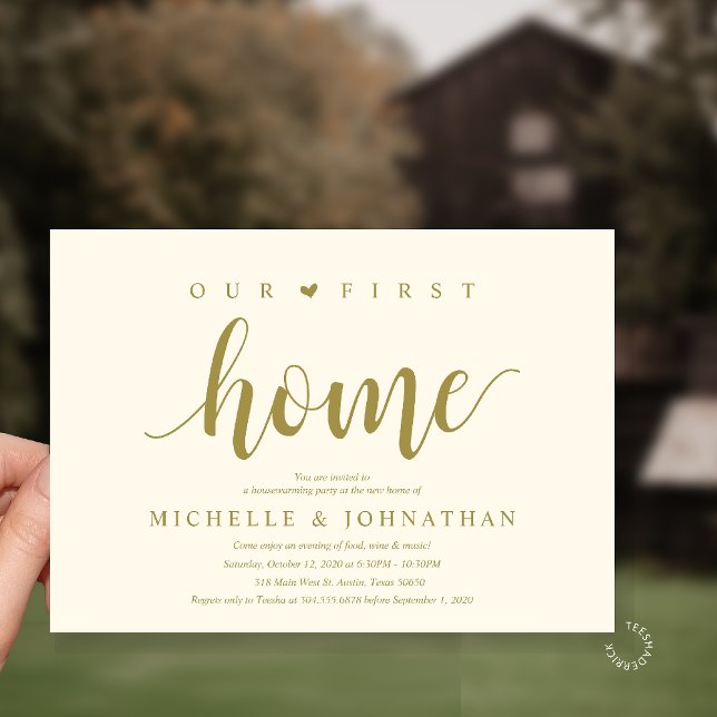 Convites Our First Home Modern Rustic Housewarming party (Our First Home Housewarming party Invitation Card in Yellow Gold)