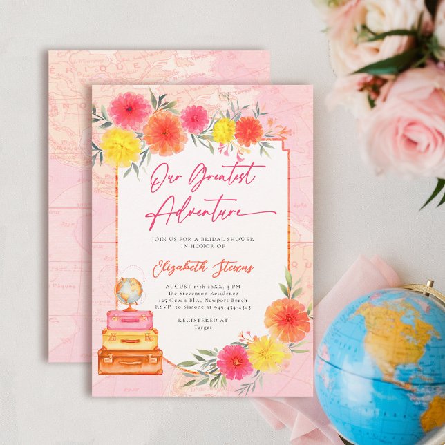Convites Our Greatest Adventure Floral Travel Zinnia Bridal (travel bridal shower invitation floral watercolor world map suitcase tropical hot pink orange yellow)