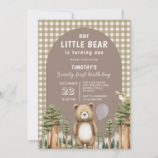 Convites Our Little Bear is Turning One Forest Gingham (Frente)