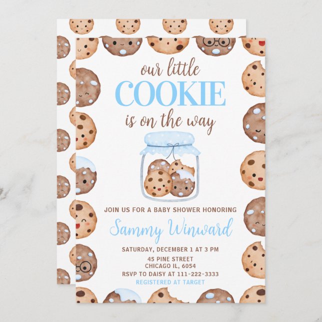 Convites Our Little Cookie Blue Baby Shower (Frente/Verso)