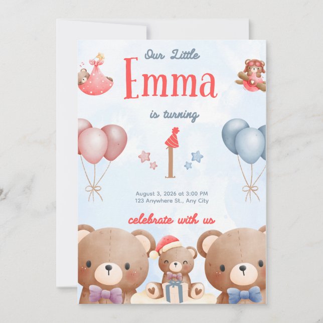 Convites Our Little Emma Birthday Invitation – Pastel Teddy (Frente)