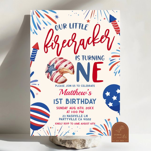 Convites Our Little Firecracker is turning one invitat (Criador carregado)