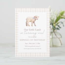 Convites Our Little Lamb Birthday Neutral Gingham