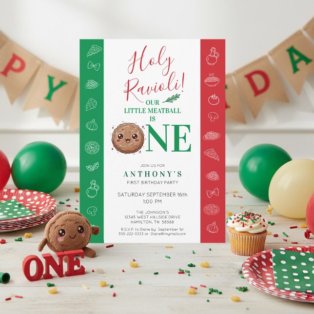 Convites Our Little Meatball is One Birthday Party  (Holy Ravioli! Our Little Meatball is One Boy's Italian Birthday Party Invitation)