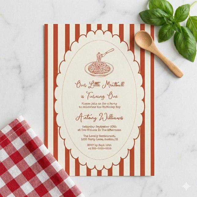 Convites Our little meatball is turning one 1st Birthday  (Criador carregado)