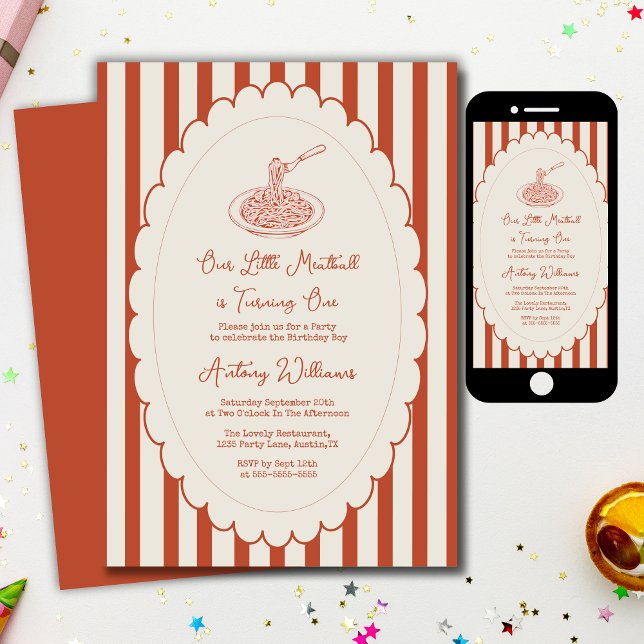 Convites Our little meatball is turning one 1st Birthday  (Criador carregado)