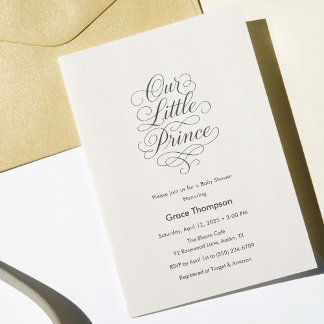 Convites Our Little Prince Baby Creamy White Minimal Script