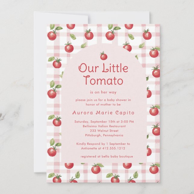 Convites Our Little Tomato Baby Shower Invitation Pink  (Frente)