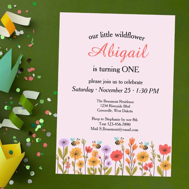 Convites Our Little Wildflower Floral Bee 1st Birthday (Criador carregado)
